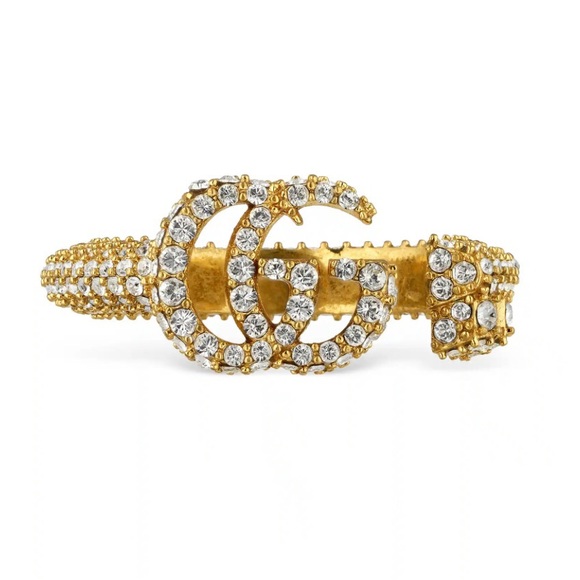 GUCCI 💕💎 Gold-Tone Gold Plated Crystal Embellishment Double G Ring - NWT - Picture 6 of 11